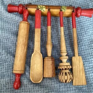 Vintage maybe antique wooden hanging set of kitchen utensils - great decor item